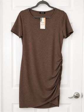 Ruched Asymmetrical T Shirt Dress Minimal Capsule Beachy Flattering Cut Large